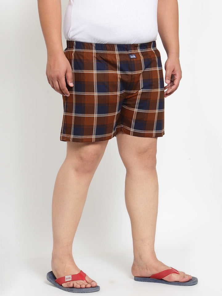 Plus Size Men Brown & Navy Blue Pure Cotton Checked Boxers MBX208E