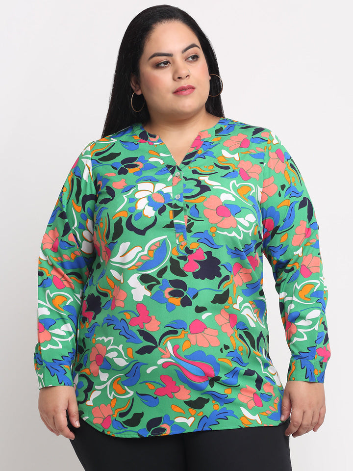 Plus Size  Green  Blue Floral Printed Mandarin Collar Top