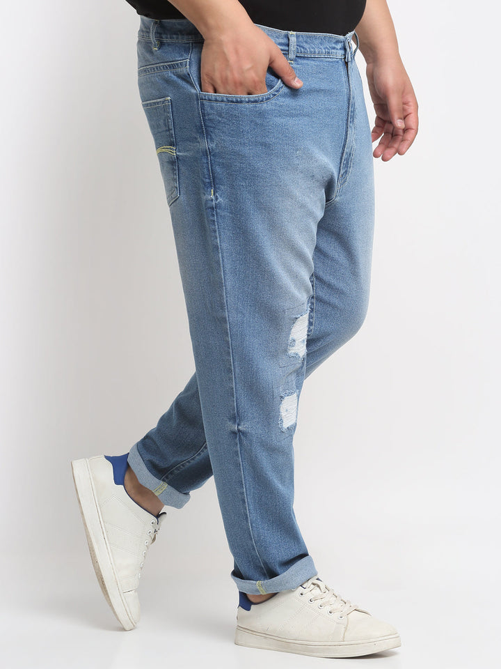 Plus Size Men Blue Comfort Mildly Distressed Light Fade Cotton Stretchable Jeans