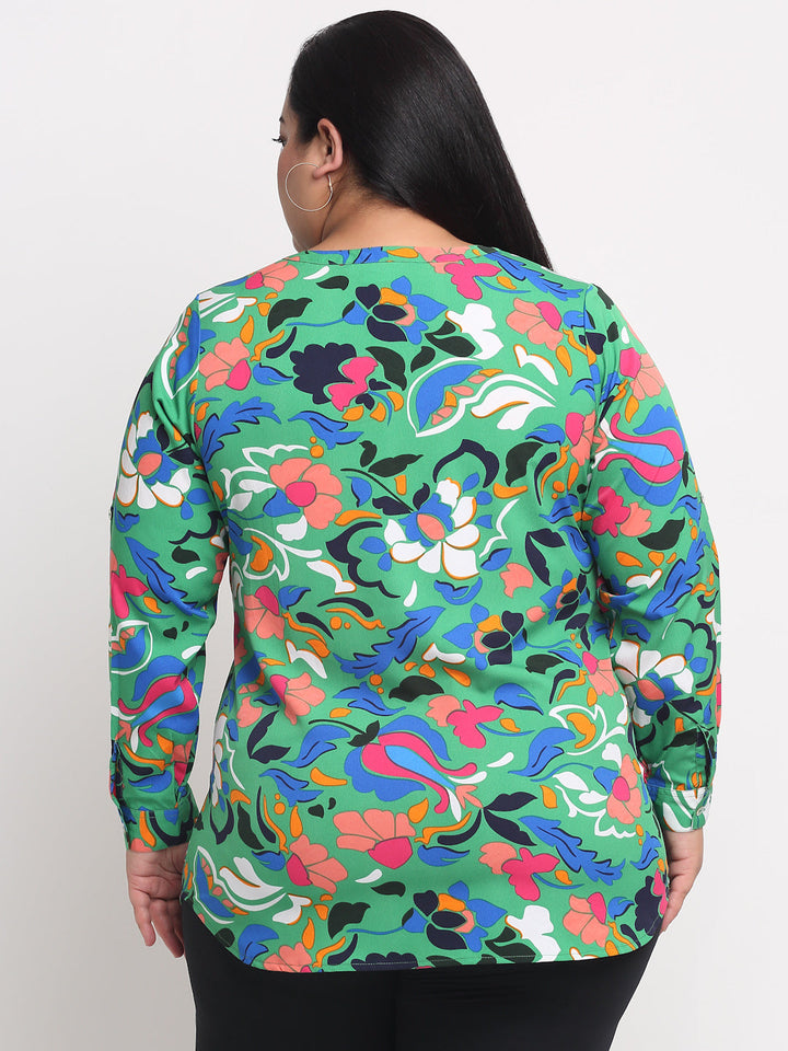 Plus Size  Green  Blue Floral Printed Mandarin Collar Top