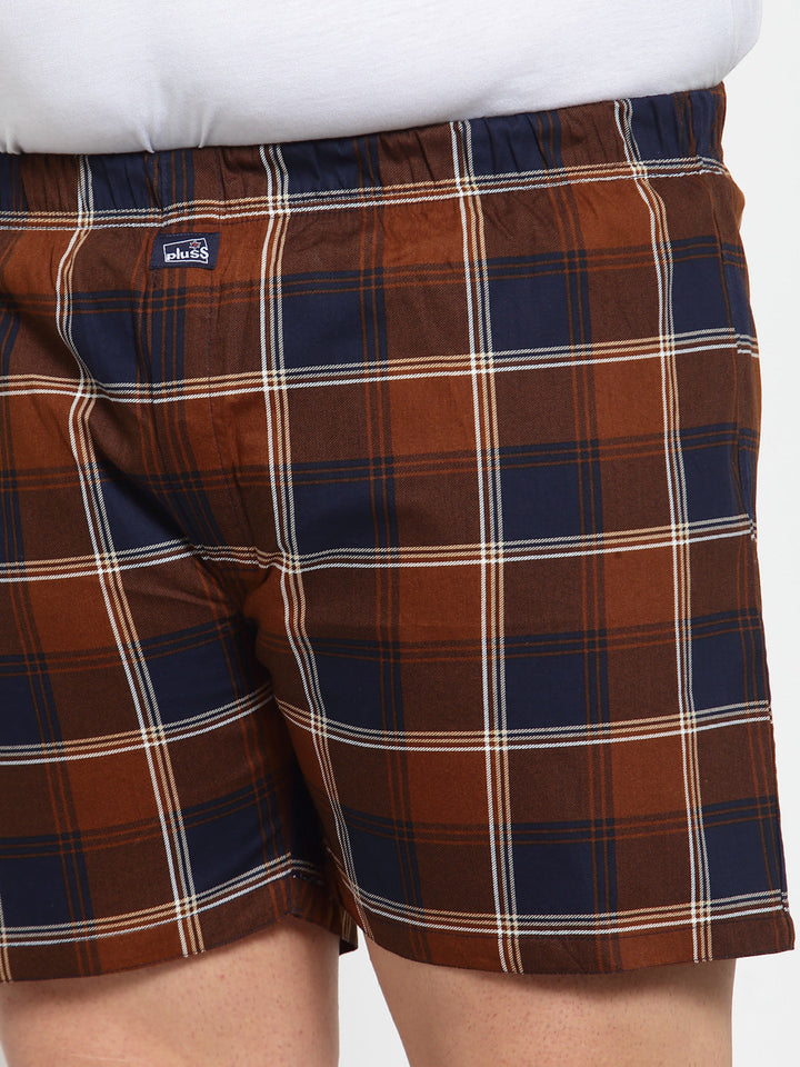 Plus Size Men Brown & Navy Blue Pure Cotton Checked Boxers MBX208E