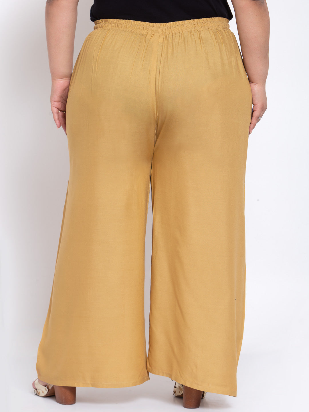 Plus Size Women Beige Solid  Wide Leg Cotton Palazzos