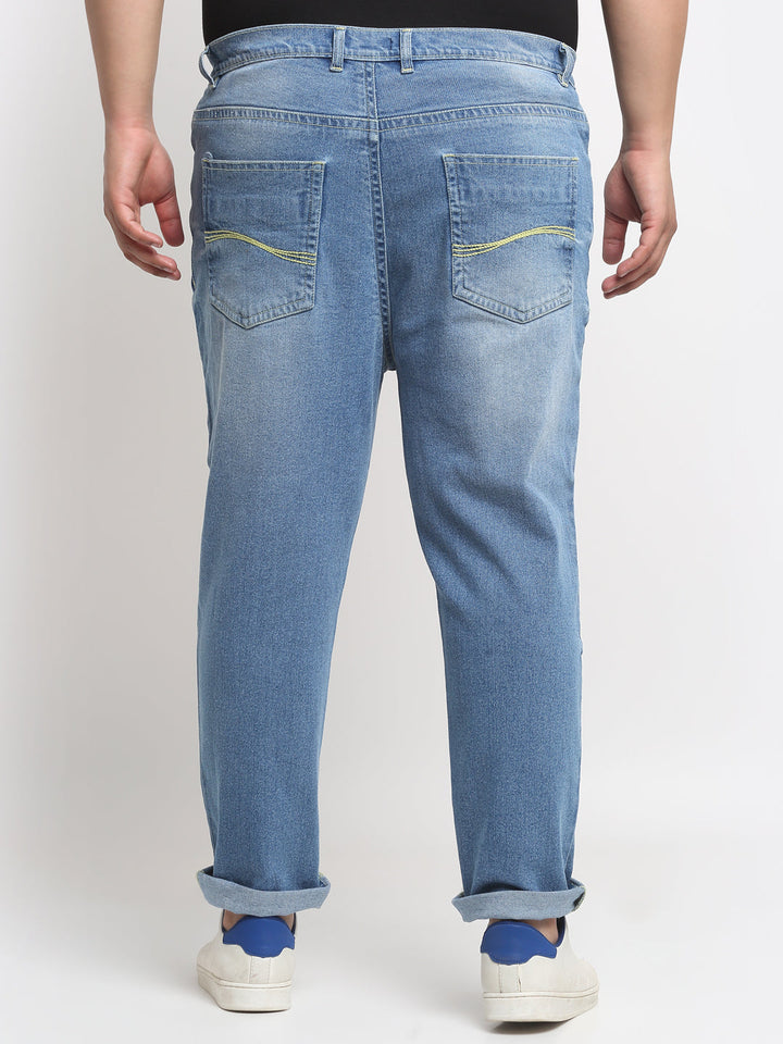 Plus Size Men Blue Comfort Mildly Distressed Light Fade Cotton Stretchable Jeans
