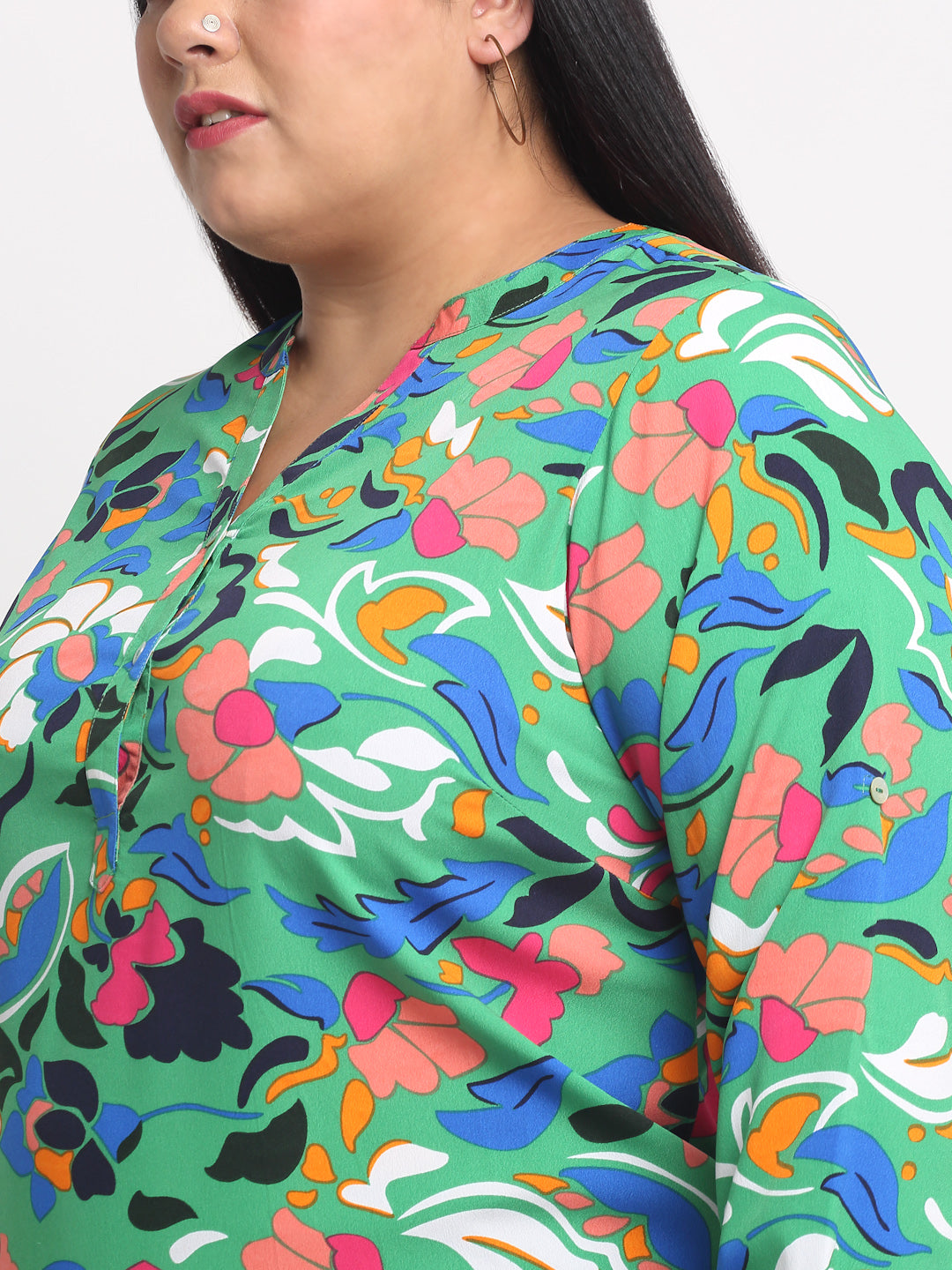 Plus Size  Green  Blue Floral Printed Mandarin Collar Top