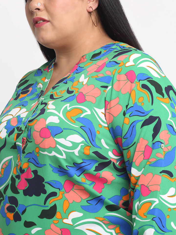 Plus Size  Green  Blue Floral Printed Mandarin Collar Top