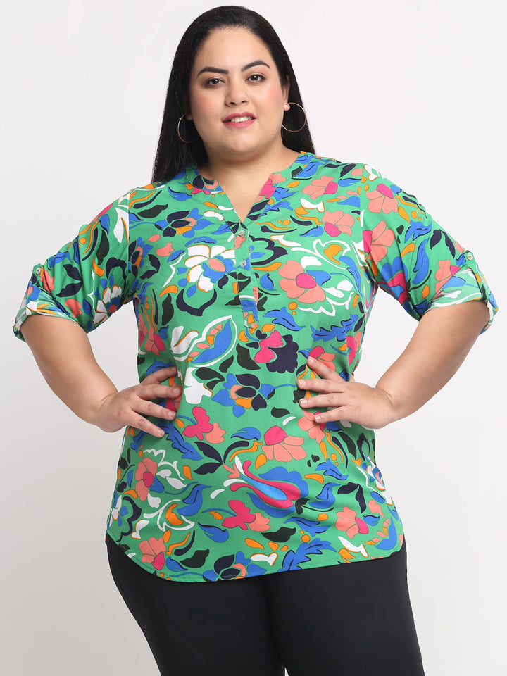 Plus Size  Green  Blue Floral Printed Mandarin Collar Top