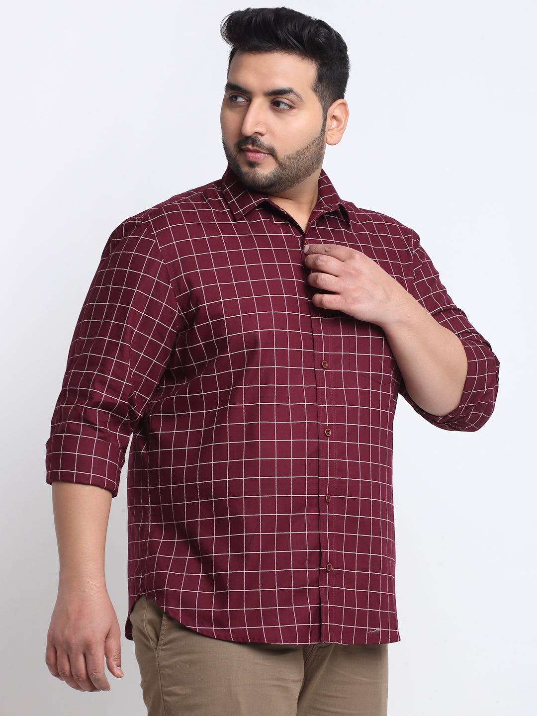 Plus Size Grid Tattersall Checks Checked Cotton Casual Shirt