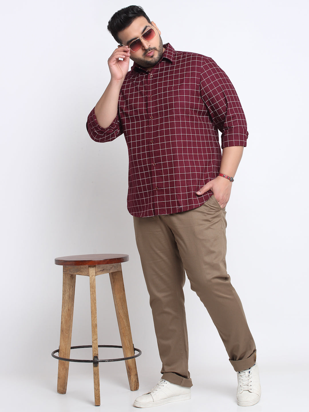 Plus Size Grid Tattersall Checks Checked Cotton Casual Shirt