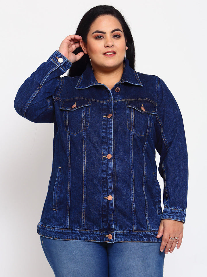 Plus Size Women  Blue Washed Casual Denim Jacket