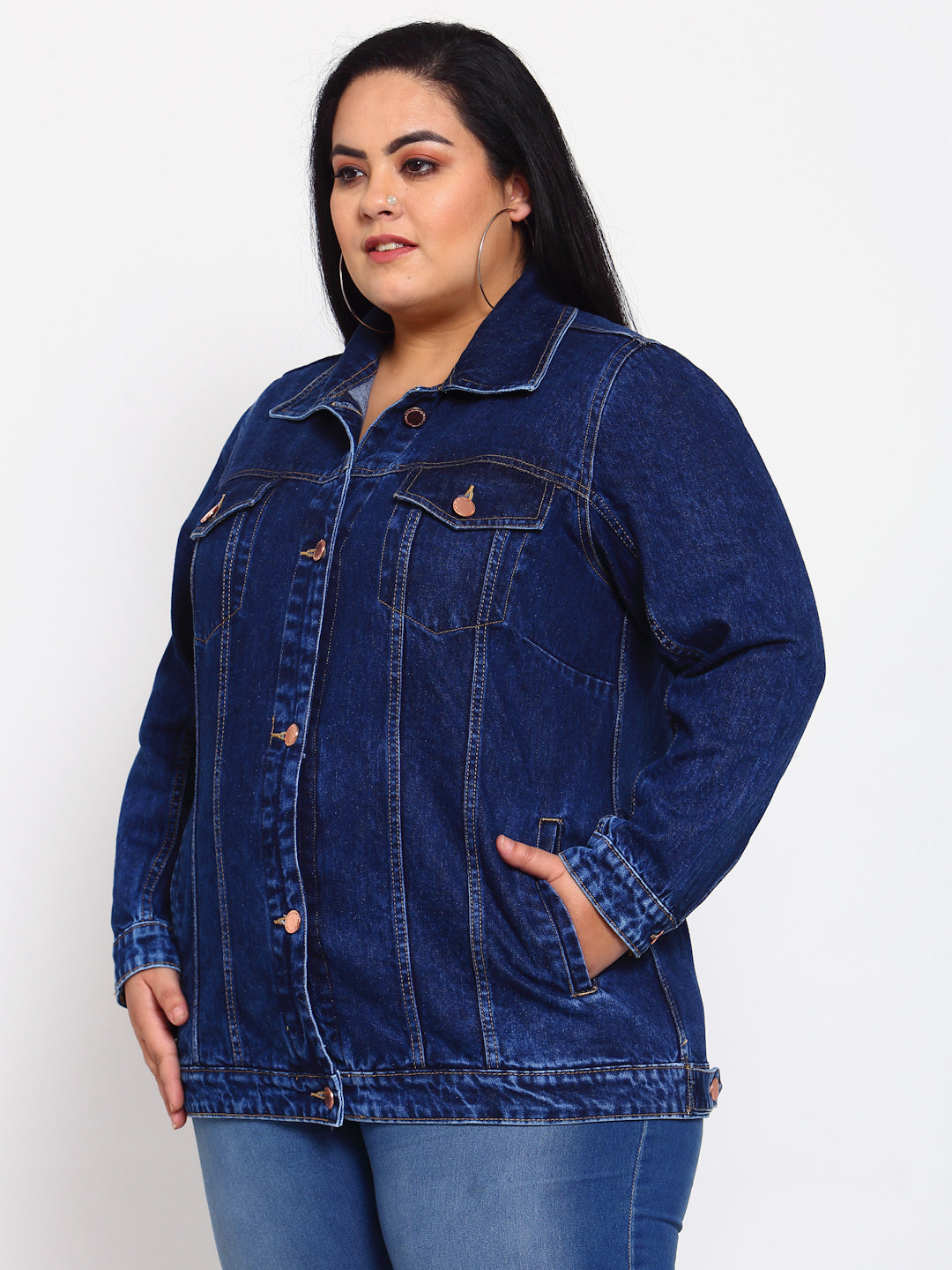 Plus Size Women  Blue Washed Casual Denim Jacket
