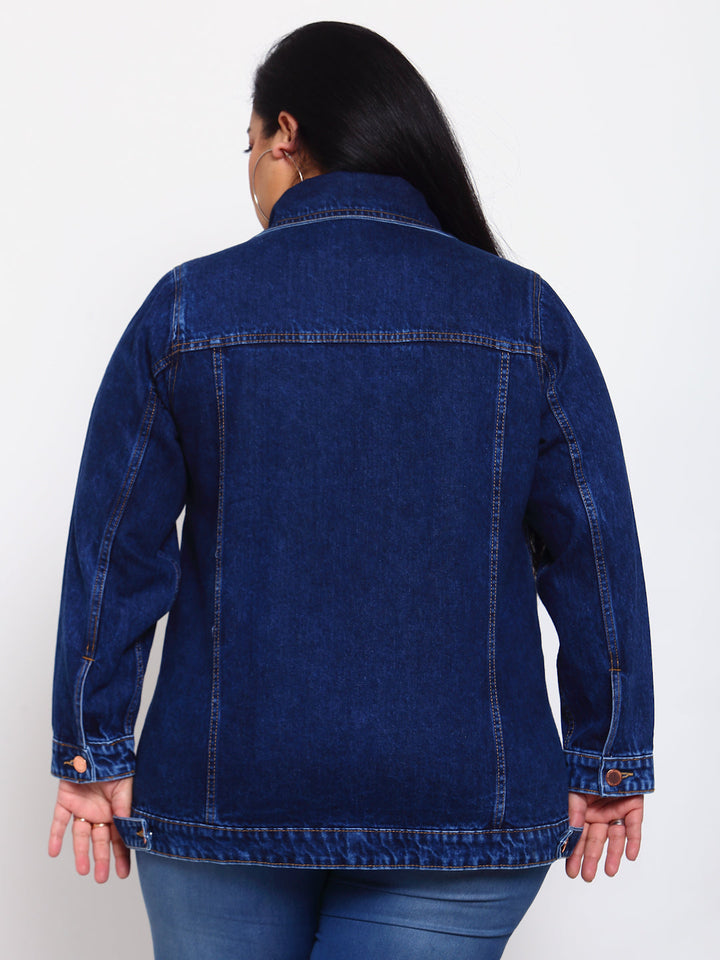 Plus Size Women  Blue Washed Casual Denim Jacket