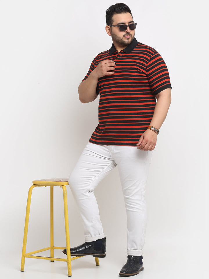 Plus Size Red And Black Striped Polo Collar Cotton T-Shirt