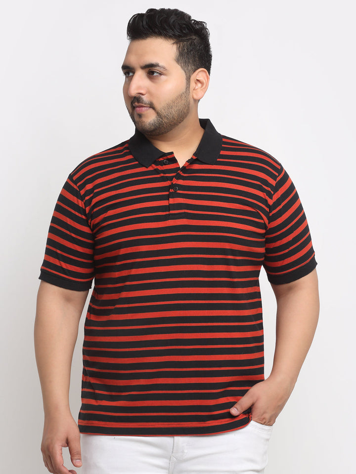 Plus Size Red And Black Striped Polo Collar Cotton T-Shirt