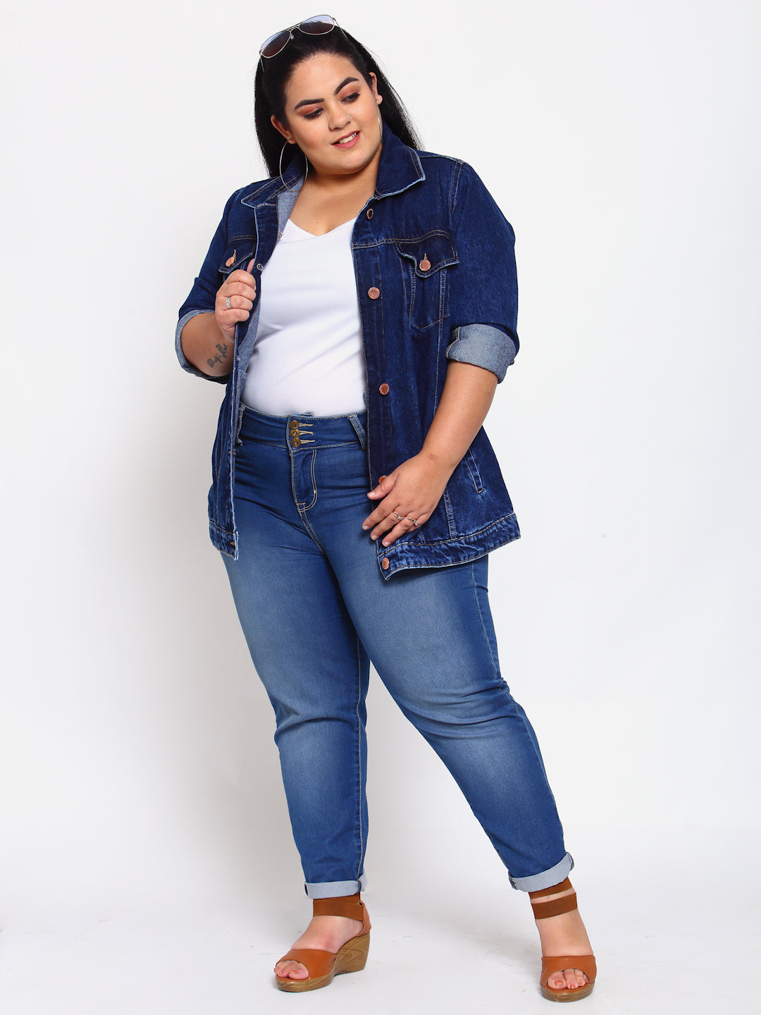 Plus Size Women  Blue Washed Casual Denim Jacket