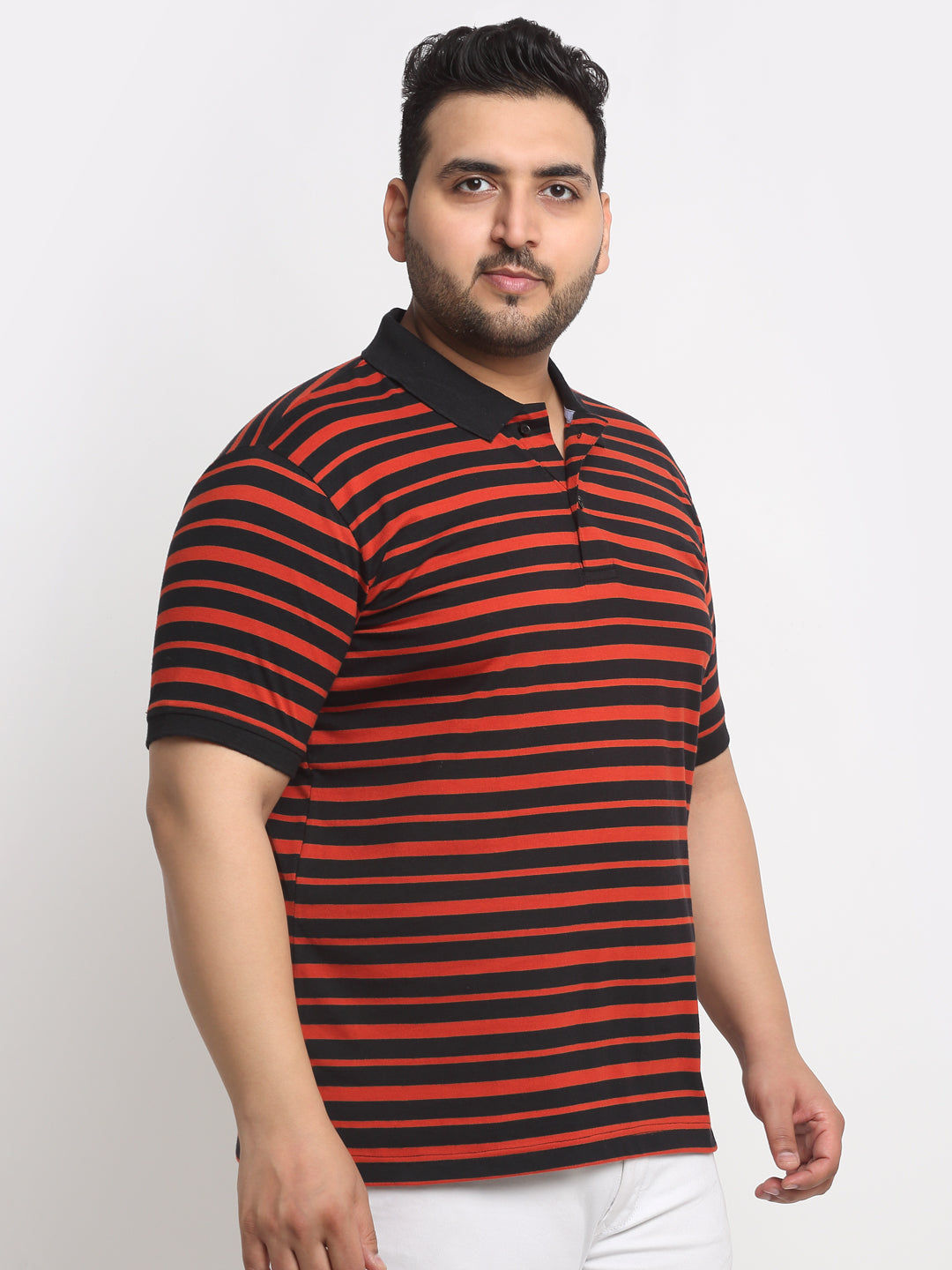 Plus Size Red And Black Striped Polo Collar Cotton T-Shirt