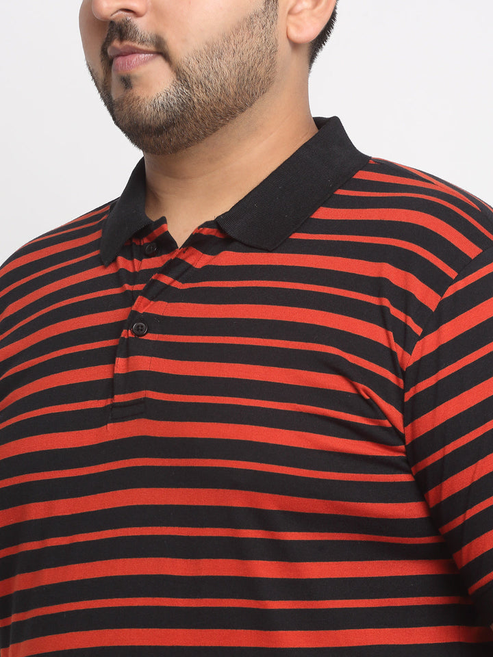 Plus Size Red And Black Striped Polo Collar Cotton T-Shirt