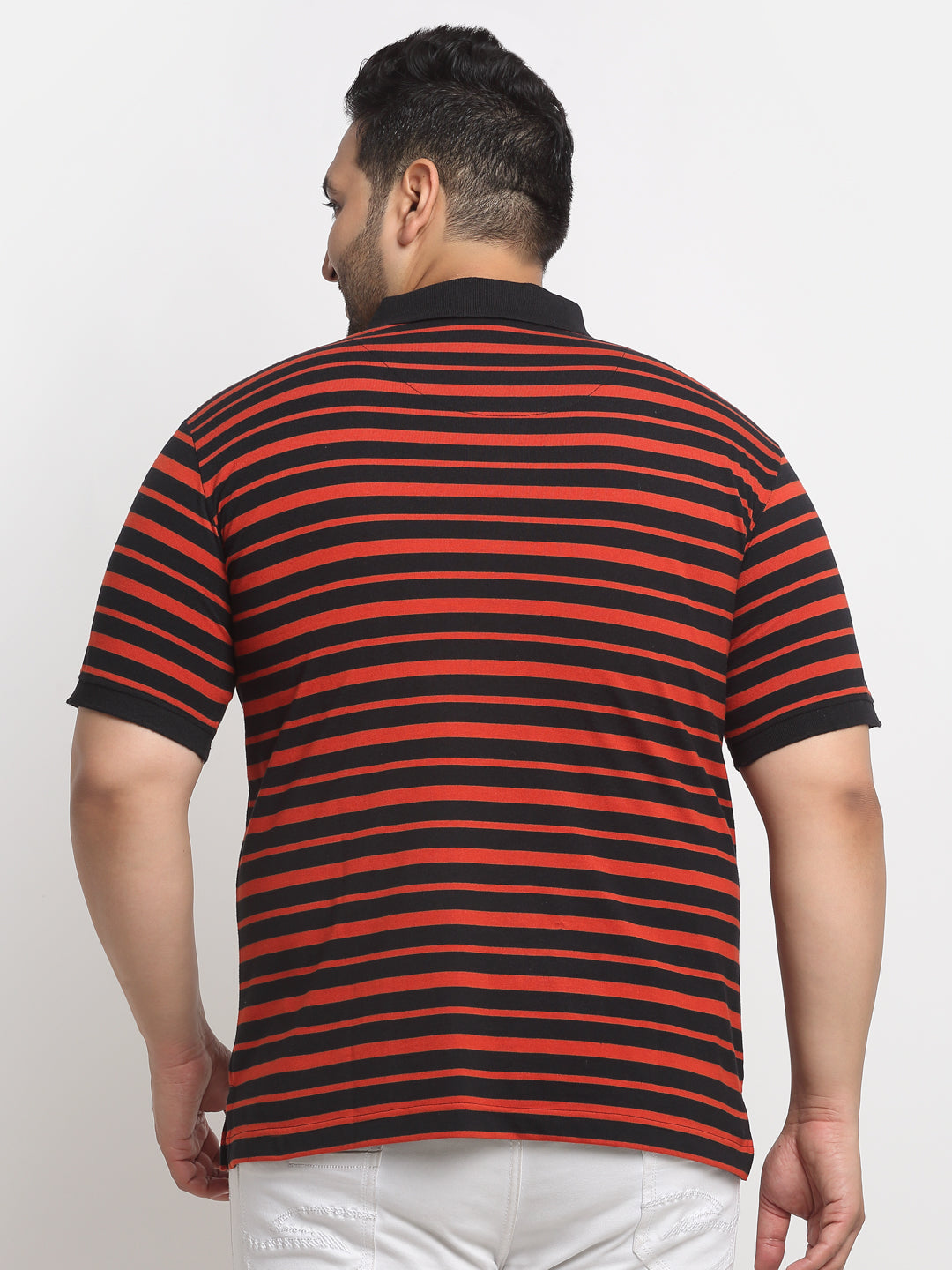 Plus Size Red And Black Striped Polo Collar Cotton T-Shirt