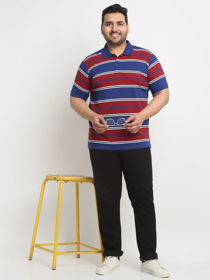 Plus Size Red And Navy Blue Striped Polo Collar Cotton T-Shirt
