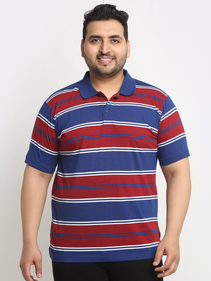 Plus Size Red And Navy Blue Striped Polo Collar Cotton T-Shirt