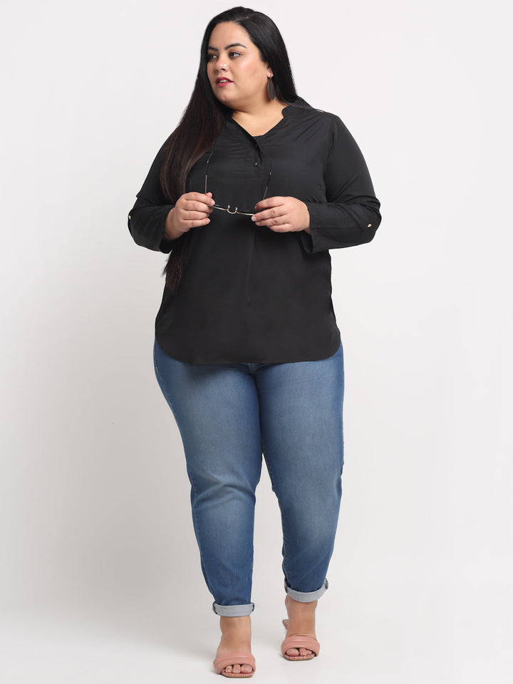 Plus Size Black  Mandarin Collar Shirt Style Top