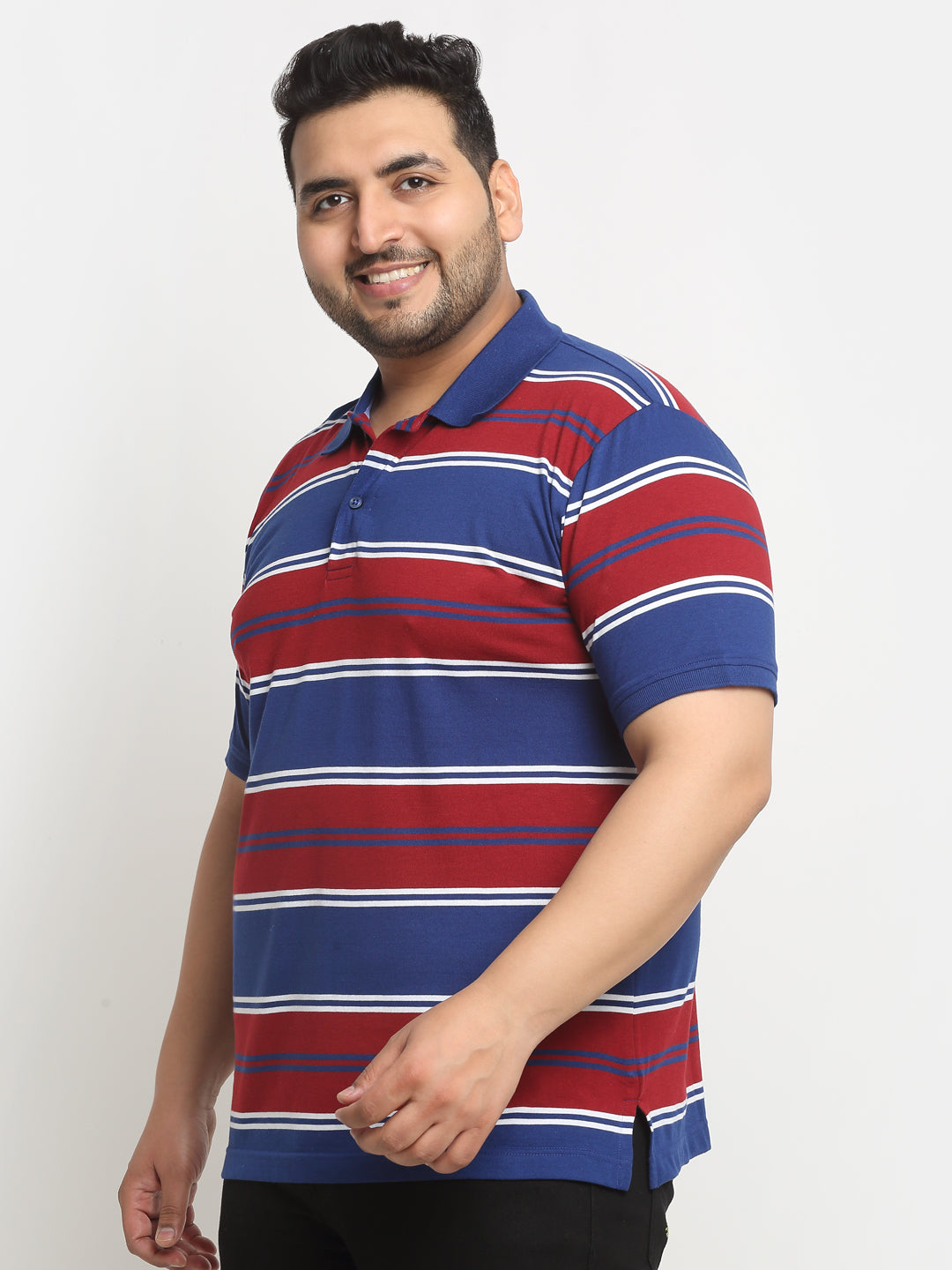 Plus Size Red And Navy Blue Striped Polo Collar Cotton T-Shirt