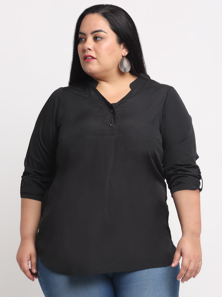 Plus Size Black  Mandarin Collar Shirt Style Top