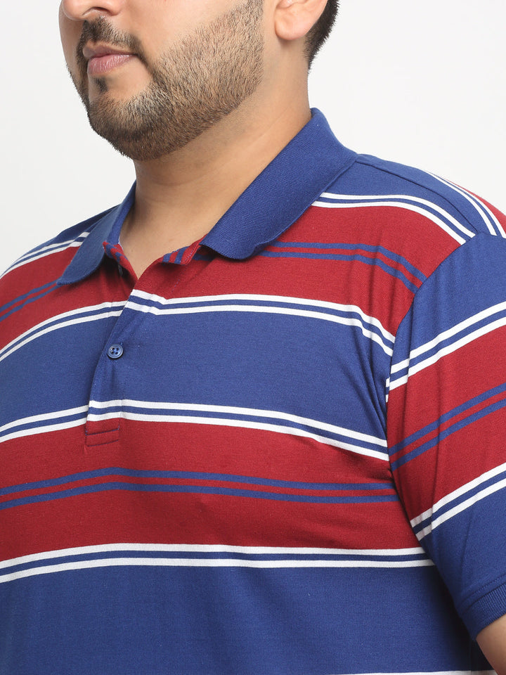 Plus Size Red And Navy Blue Striped Polo Collar Cotton T-Shirt
