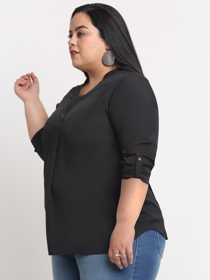Plus Size Black  Mandarin Collar Shirt Style Top