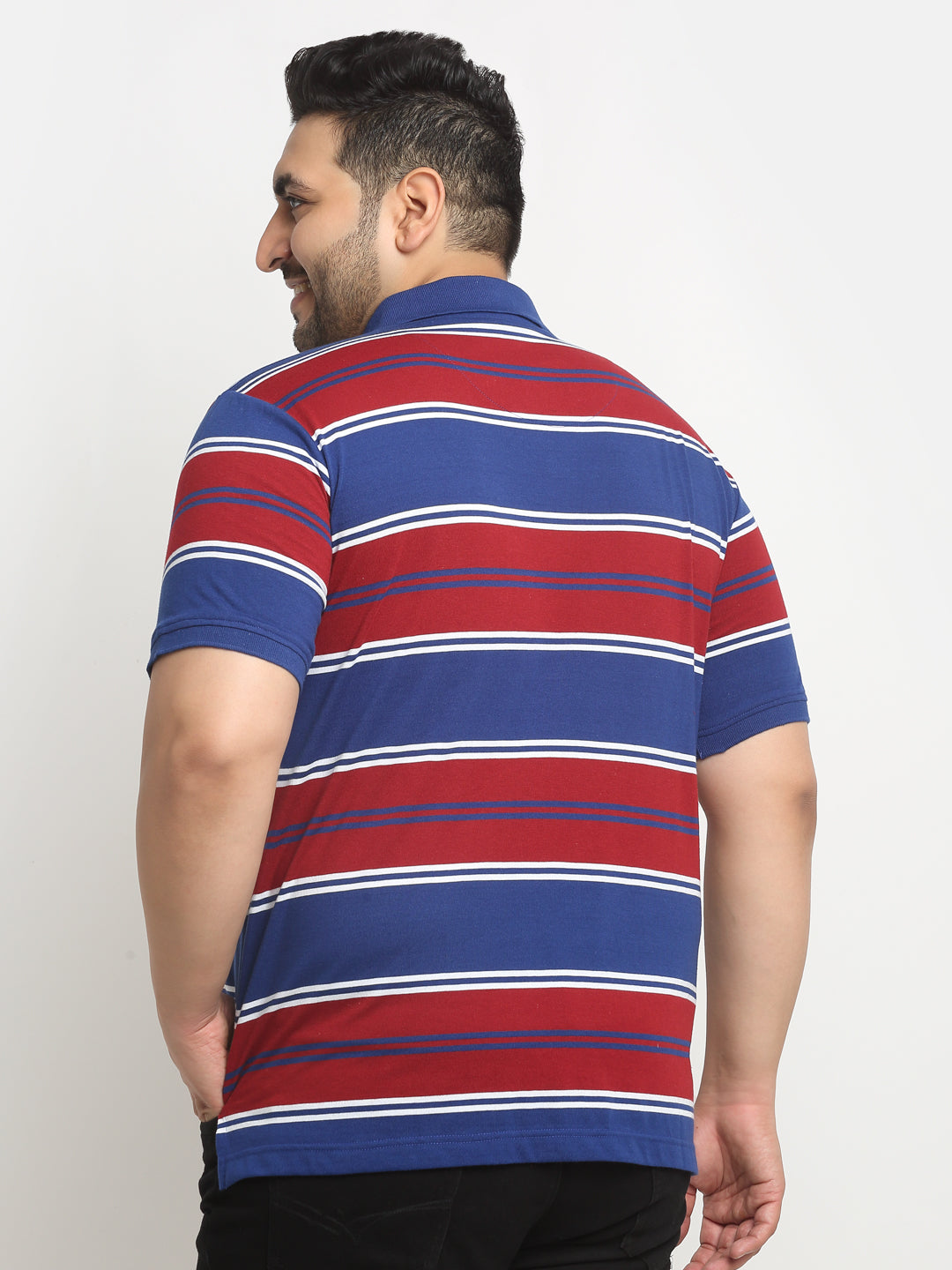 Plus Size Red And Navy Blue Striped Polo Collar Cotton T-Shirt