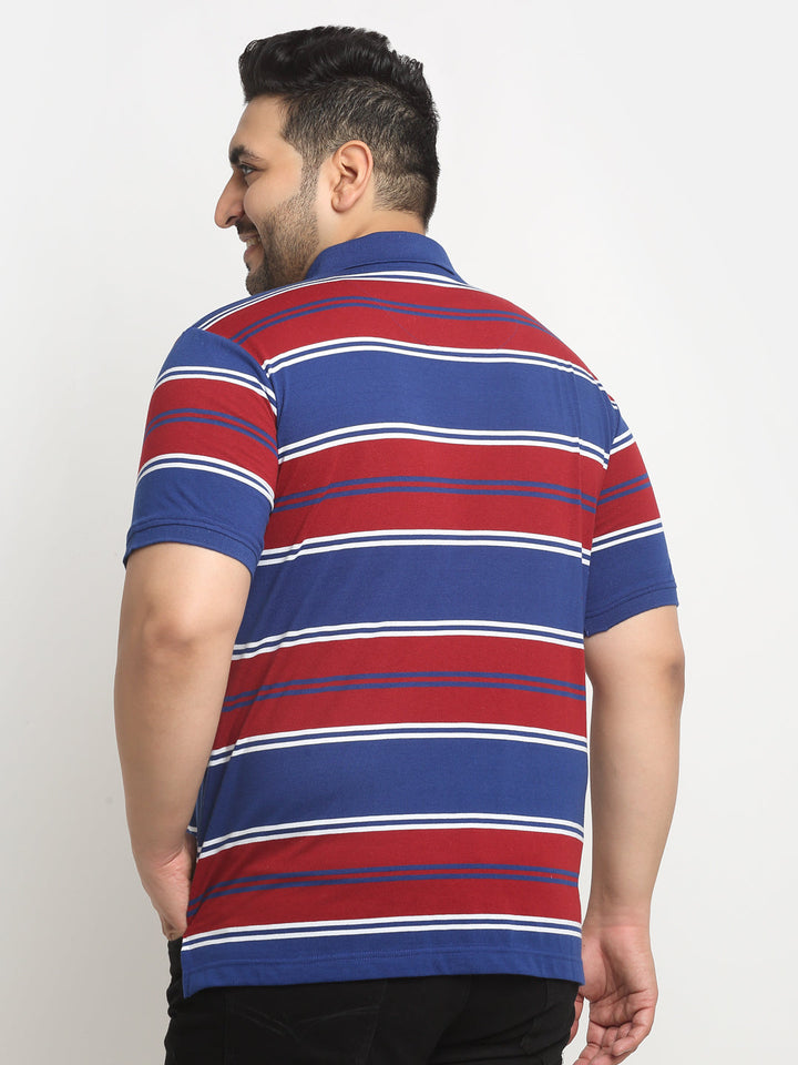 Plus Size Red And Navy Blue Striped Polo Collar Cotton T-Shirt