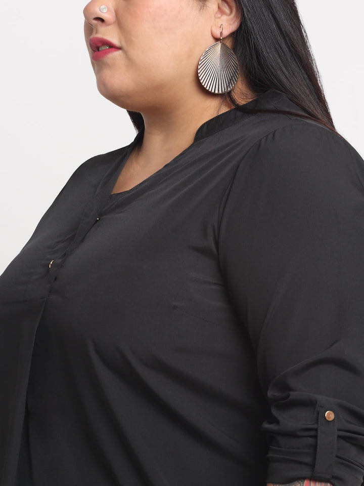Plus Size Black  Mandarin Collar Shirt Style Top