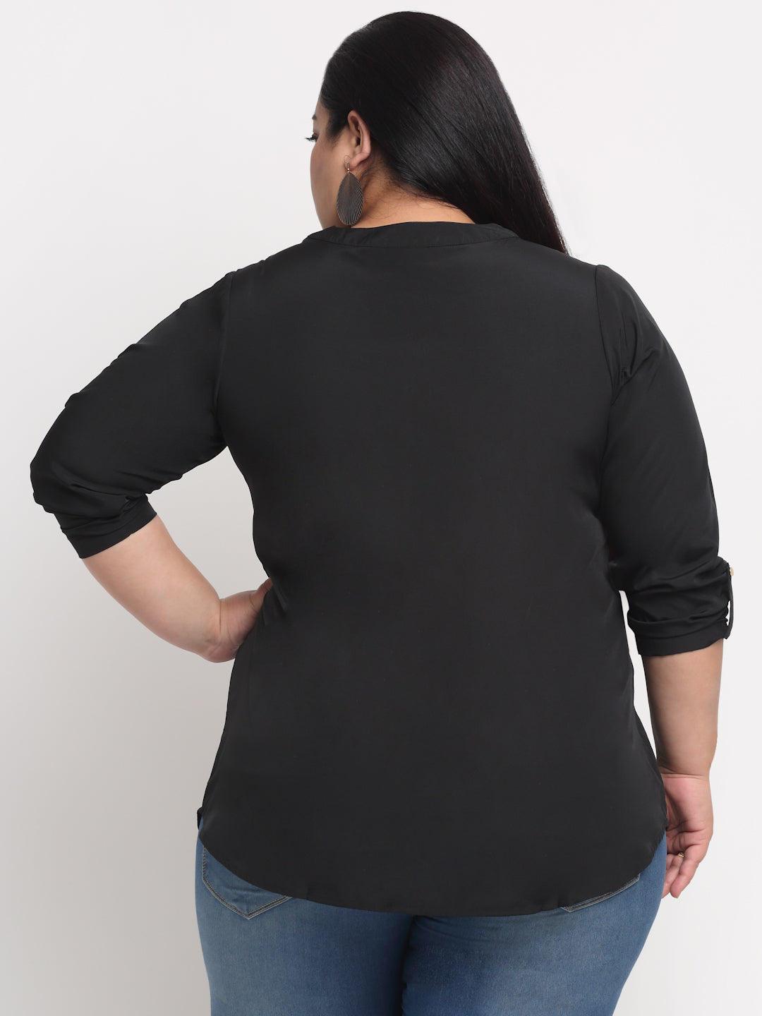 Plus Size Black  Mandarin Collar Shirt Style Top