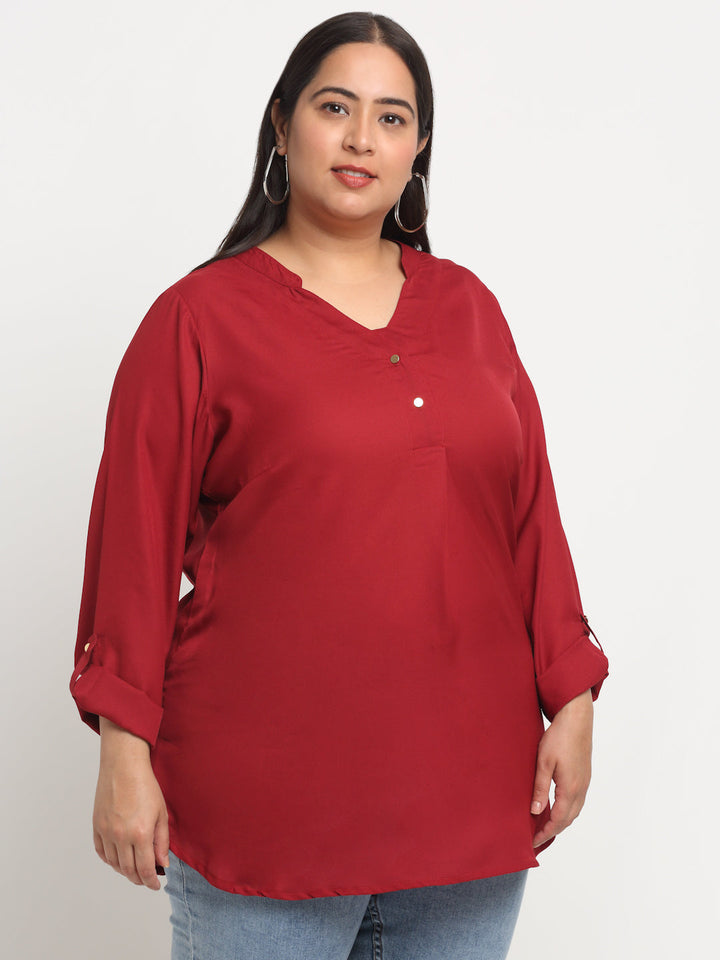 Plus Size Mandarin Collar Roll-Up Sleeves Top