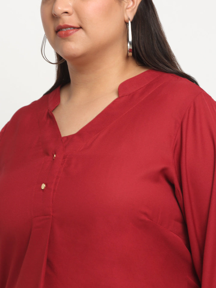 Plus Size Mandarin Collar Roll-Up Sleeves Top