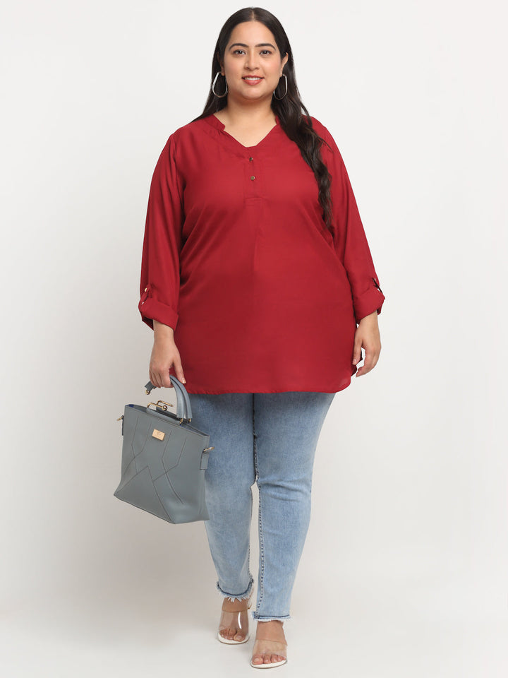 Plus Size Mandarin Collar Roll-Up Sleeves Top