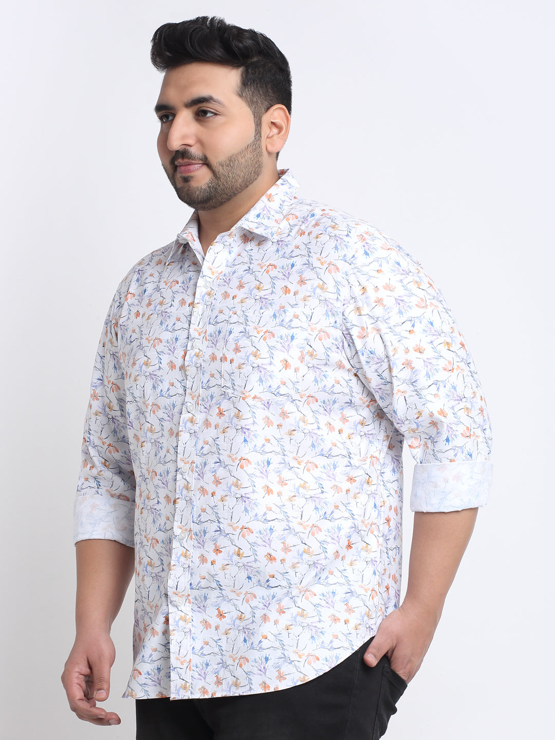 Plus Size Men  Floral Printed Cotton Casual Shirt