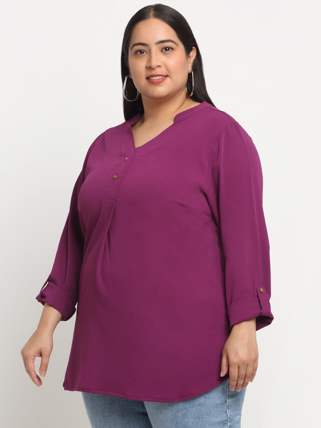 Plus Size Mandarin Collar Pleated Top