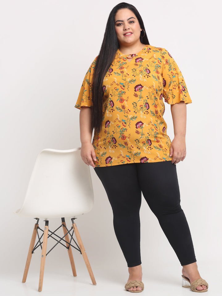 Plus Size Mustard Yellow  Floral Print Top