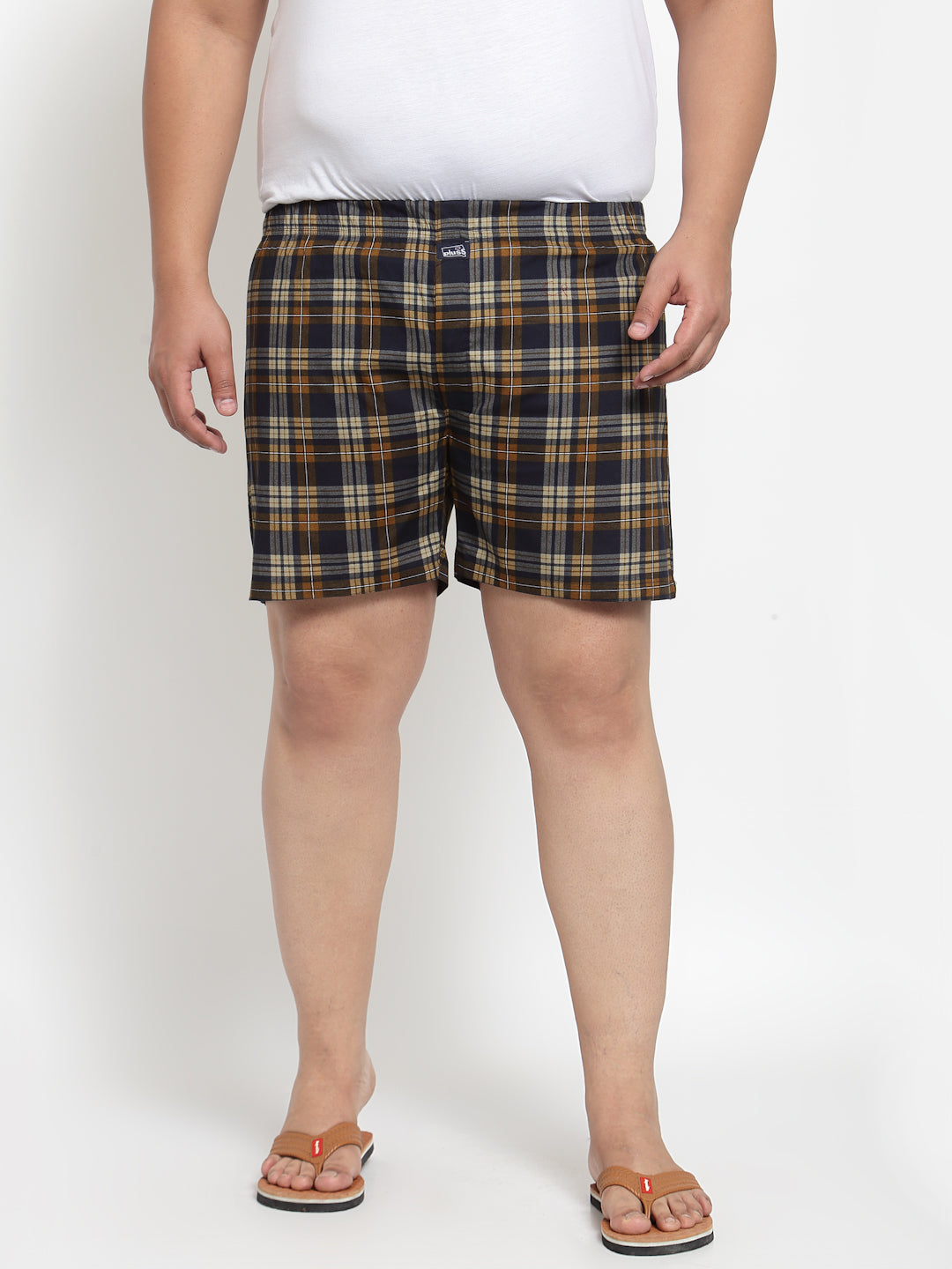 Plus Size Men Brown  Navy Blue Pure Cotton Checked Boxers MBX208E