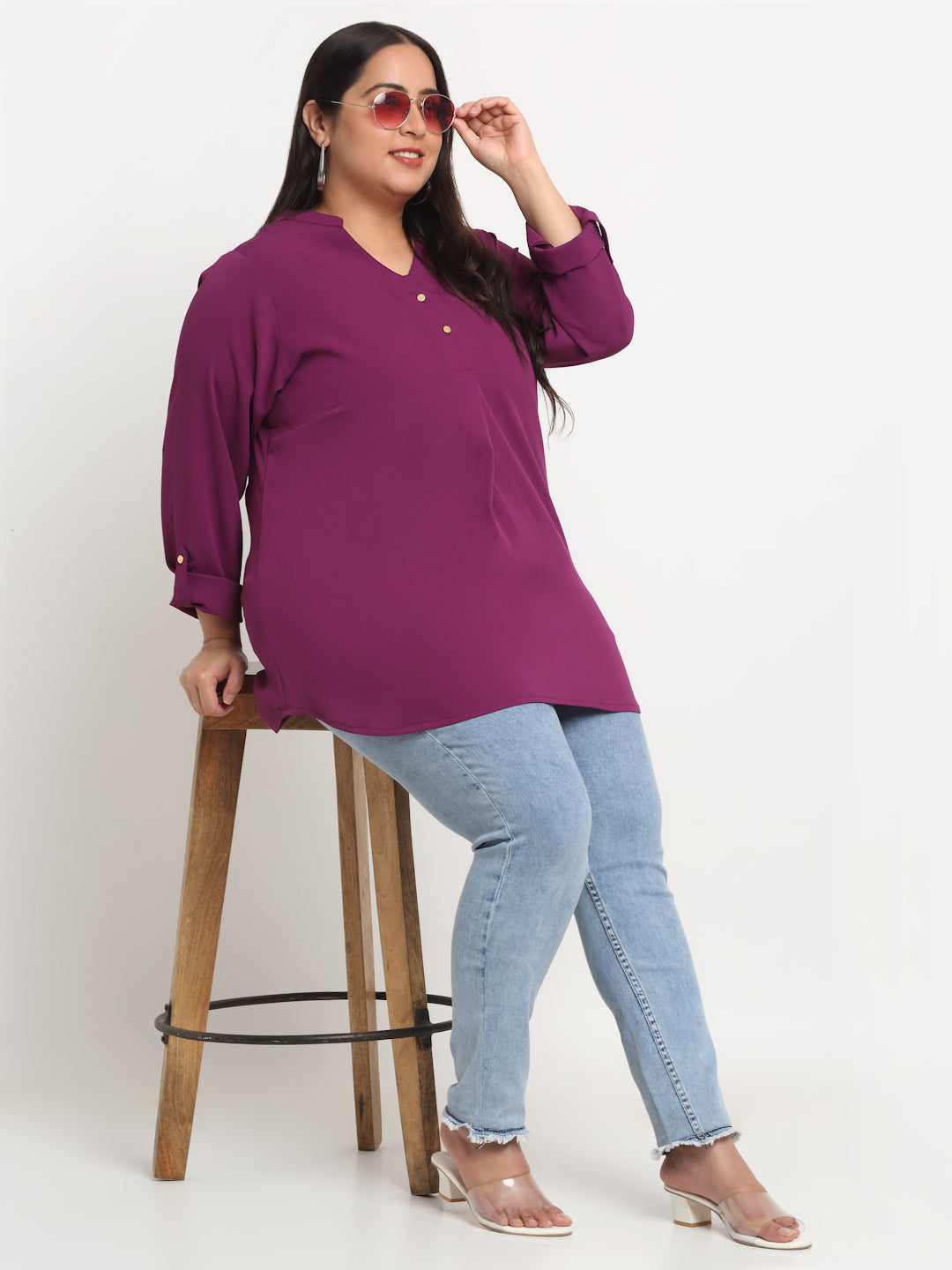 Plus Size Mandarin Collar Pleated Top