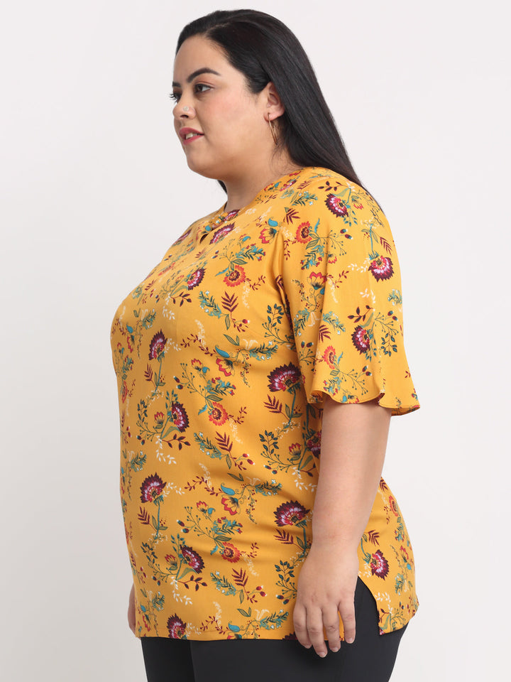 Plus Size Mustard Yellow  Floral Print Top