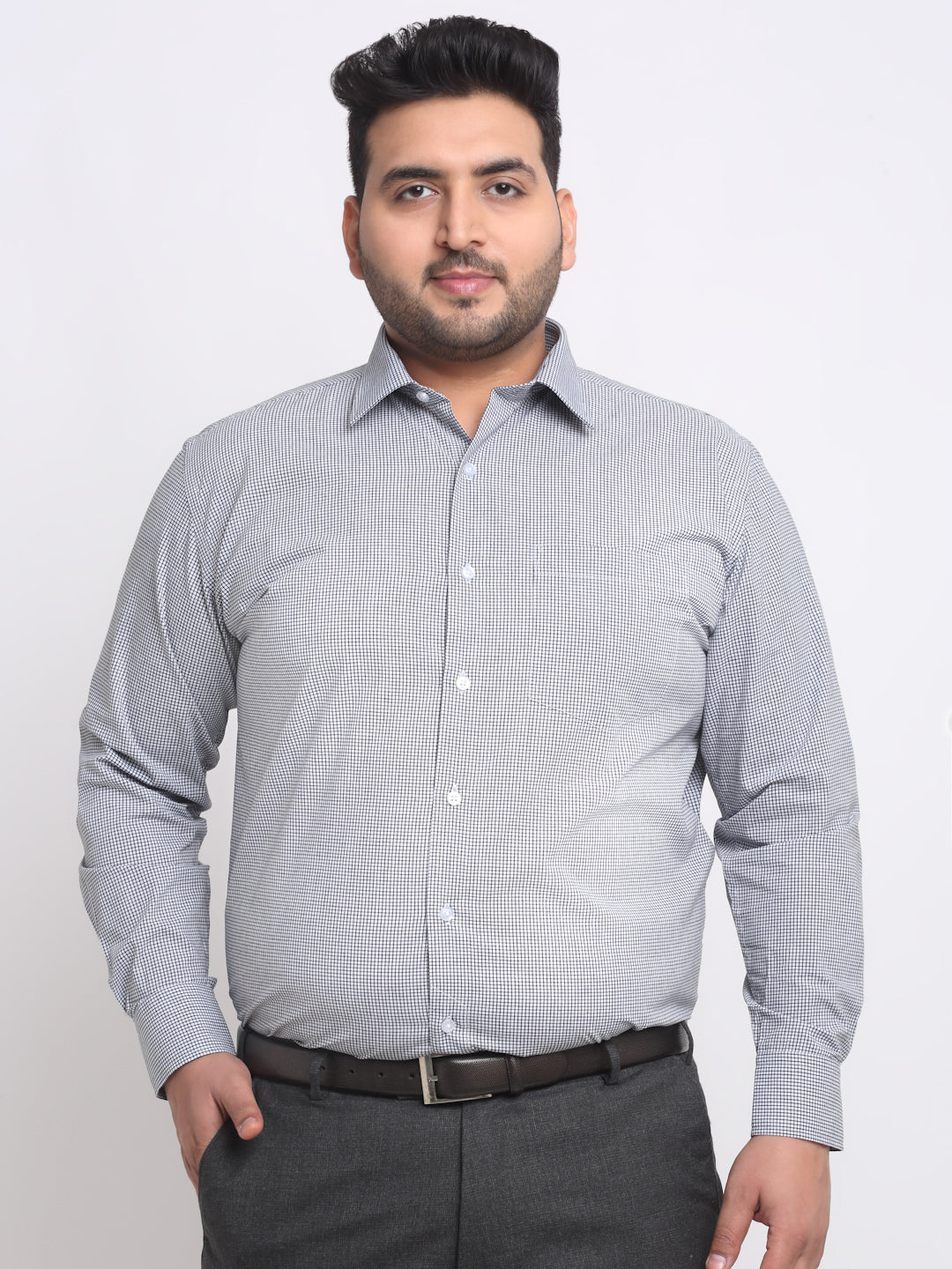 Plus Size  Black Spread Collar Opaque Cotton Formal Shirt