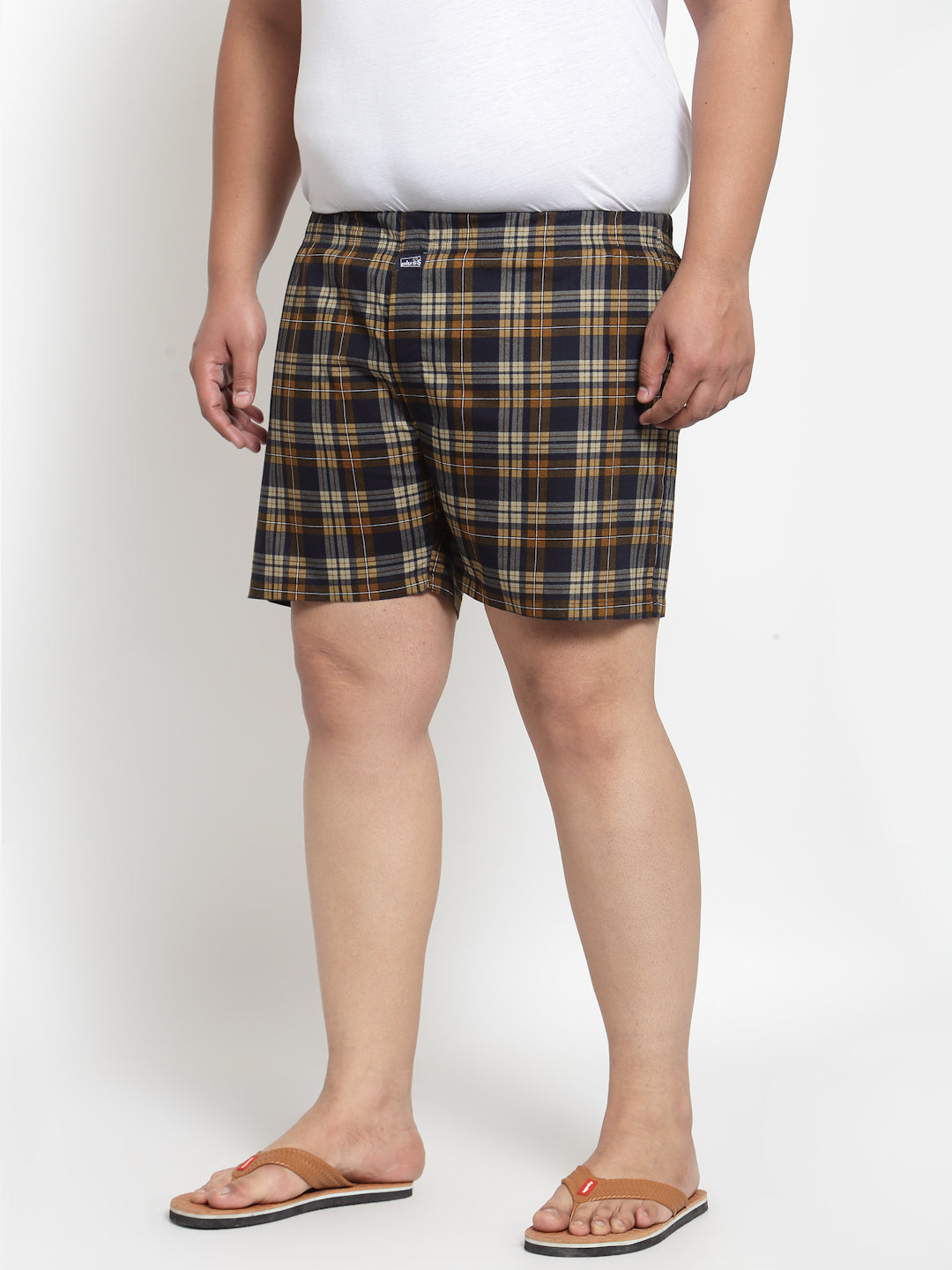 Plus Size Men Brown  Navy Blue Pure Cotton Checked Boxers MBX208E