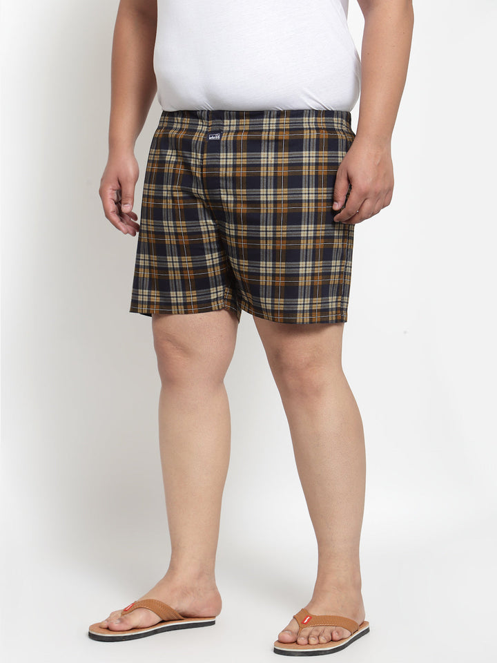 Plus Size Men Brown  Navy Blue Pure Cotton Checked Boxers MBX208E