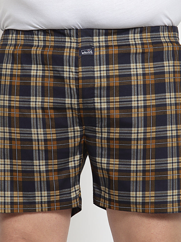 Plus Size Men Brown  Navy Blue Pure Cotton Checked Boxers MBX208E