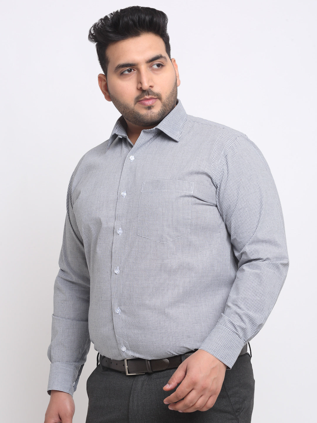 Plus Size  Black Spread Collar Opaque Cotton Formal Shirt