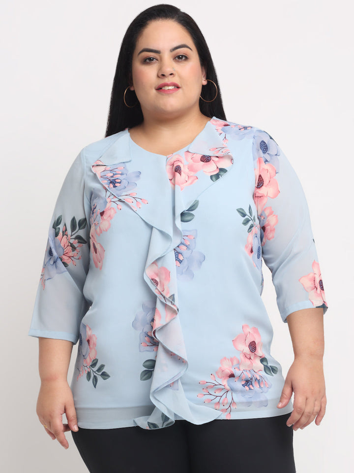 Plus Size Blue  Floral Print Top