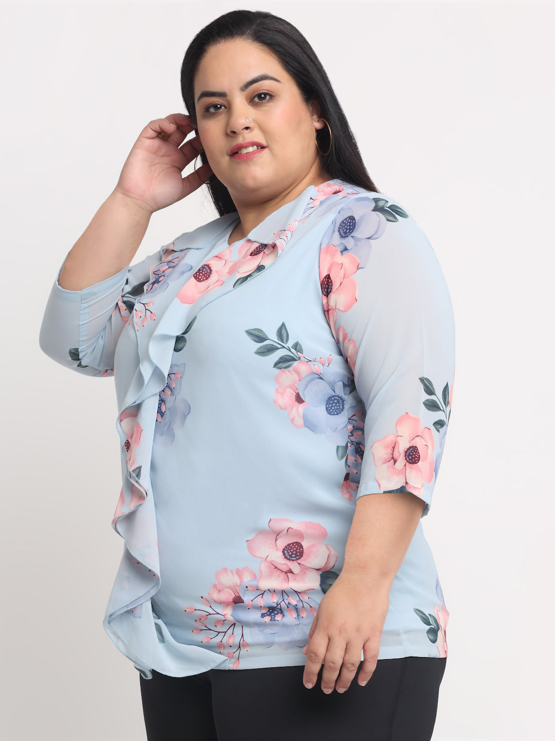 Plus Size Blue  Floral Print Top