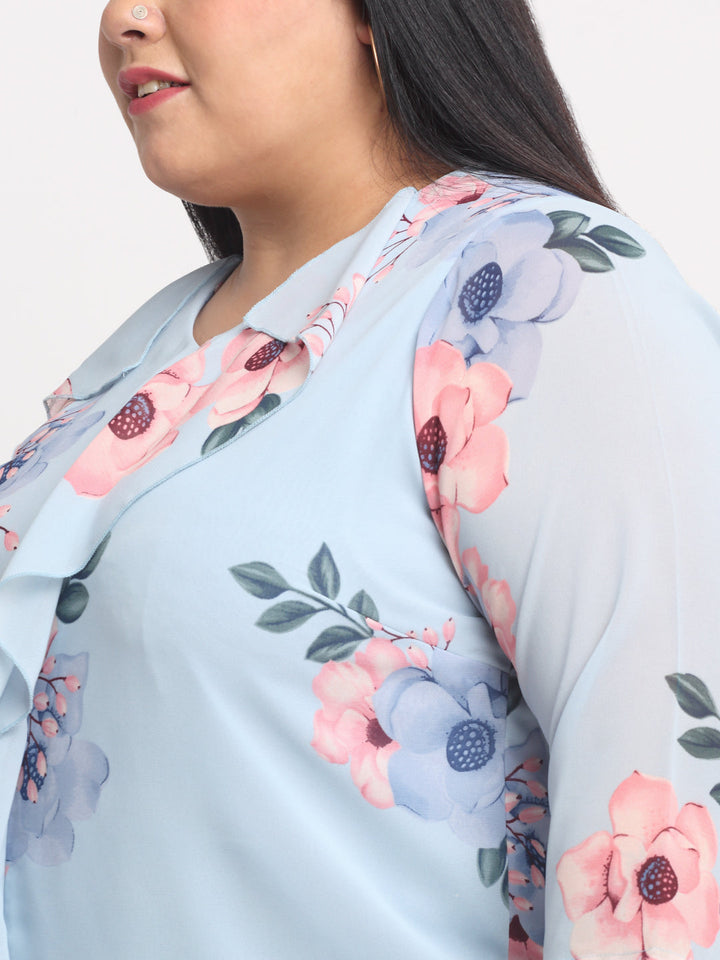 Plus Size Blue  Floral Print Top