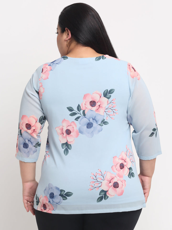 Plus Size Blue  Floral Print Top